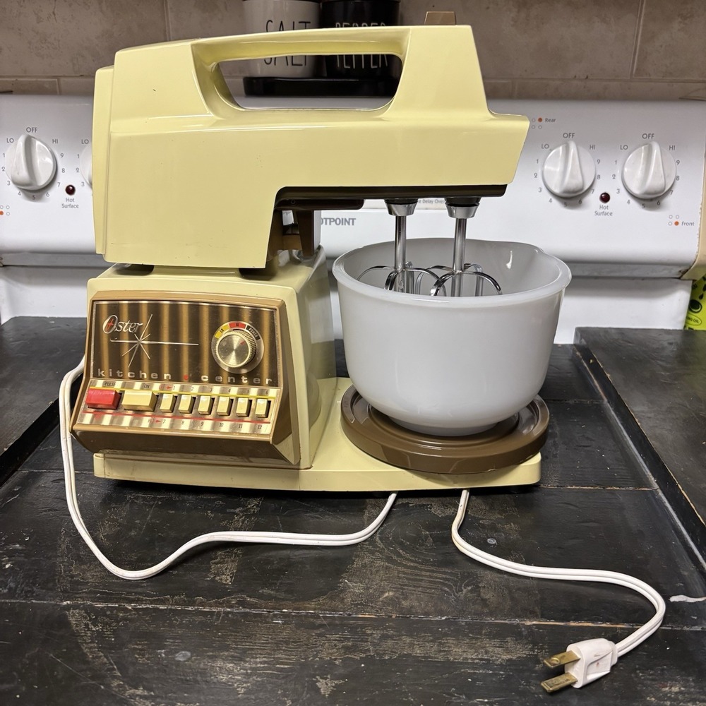 Vintage 1970s Oster Kitchen Center 12 Speed Stand Mixer Harvest Gold Bowl Works
